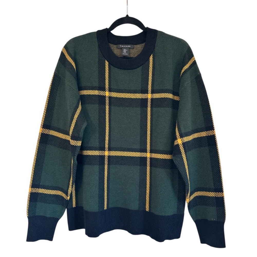Tahari | Forest Green Plaid Crew Neck Sweater | Size XL